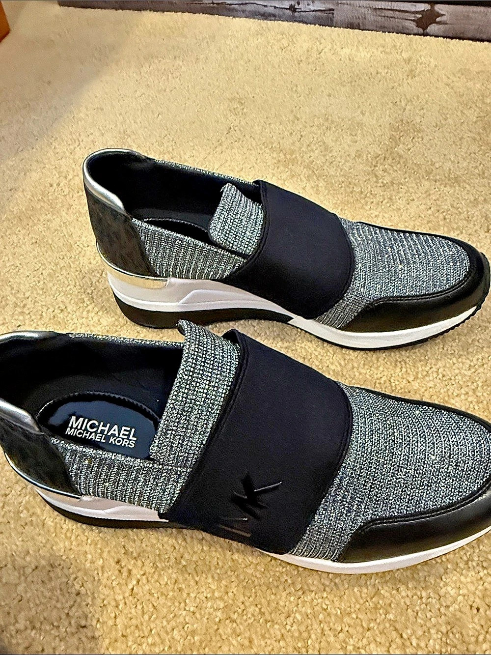 Michael Kors Olympia Glitter Chain Mesh Slip-On Trainer Black & Silver